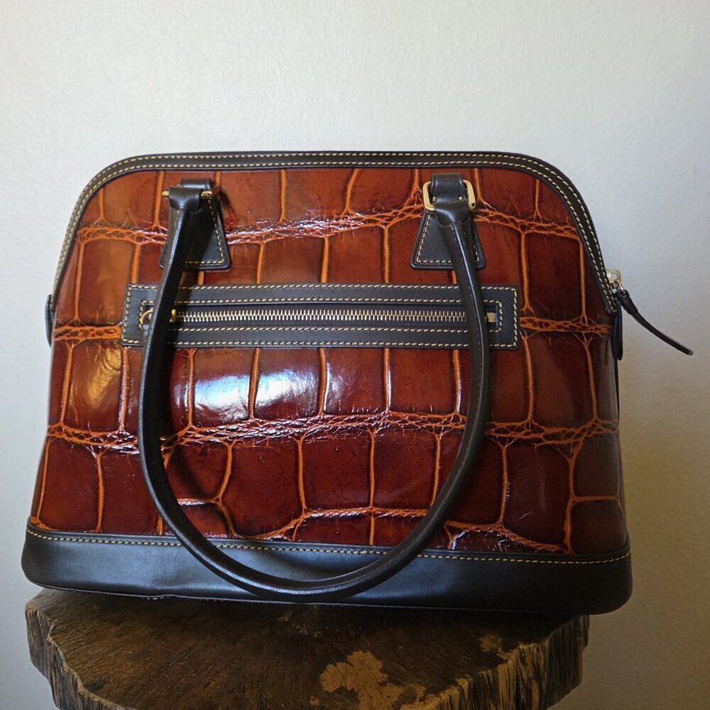 Dooney & Bourke Cognac Croco Embossed Leather Domed Satchel Bag - Picture 10 of 16